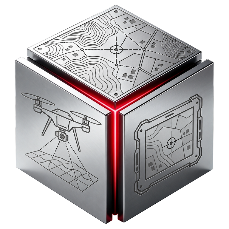 Logo corporativo: cubo metálico de topografía, dron y cartografía